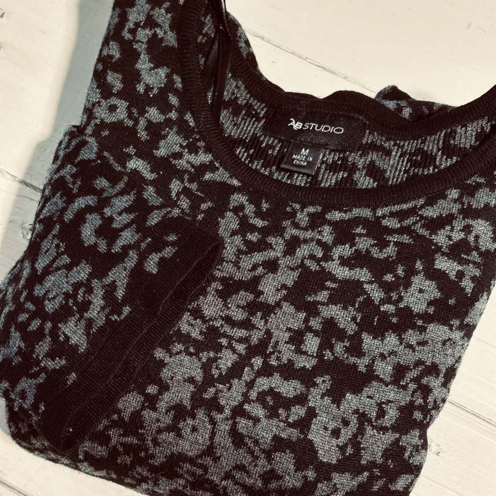 ABโ STUDIO Womens Dress Black Gray Abstract Print Crew Neck Long Sleeve Size M